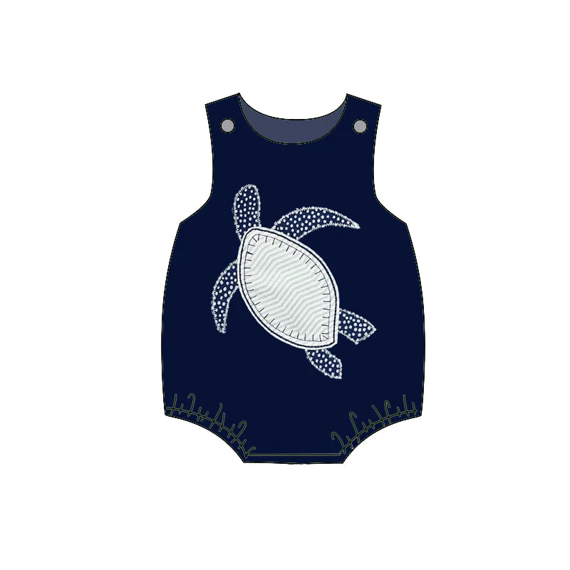 ( Moq 5 ) Preorder Baby Boys Infant Sleeveless Turtle Summer Navy Bubble Romper