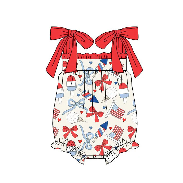 ( Moq 5 ) Preorder Baby Girls Infant Sleeveless Bows Flags 4th of July Ruffle Romper