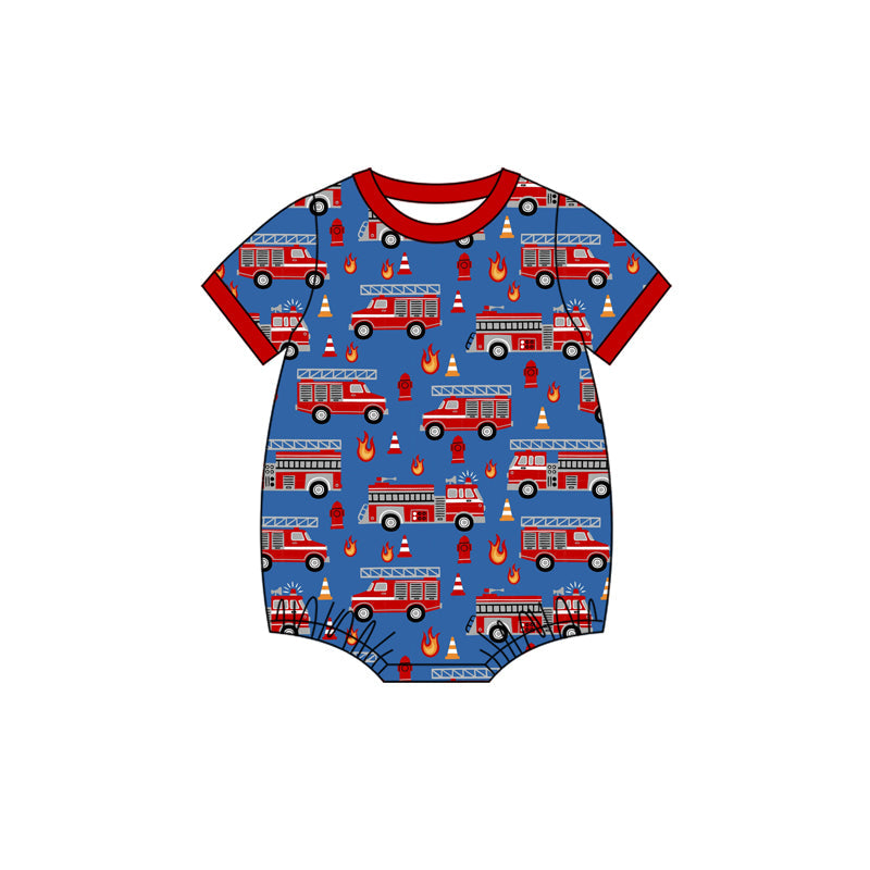 ( Moq 5 ) Preorder Baby Boy Infant Short Sleeves Fire Trucks Summer Bubble Romper