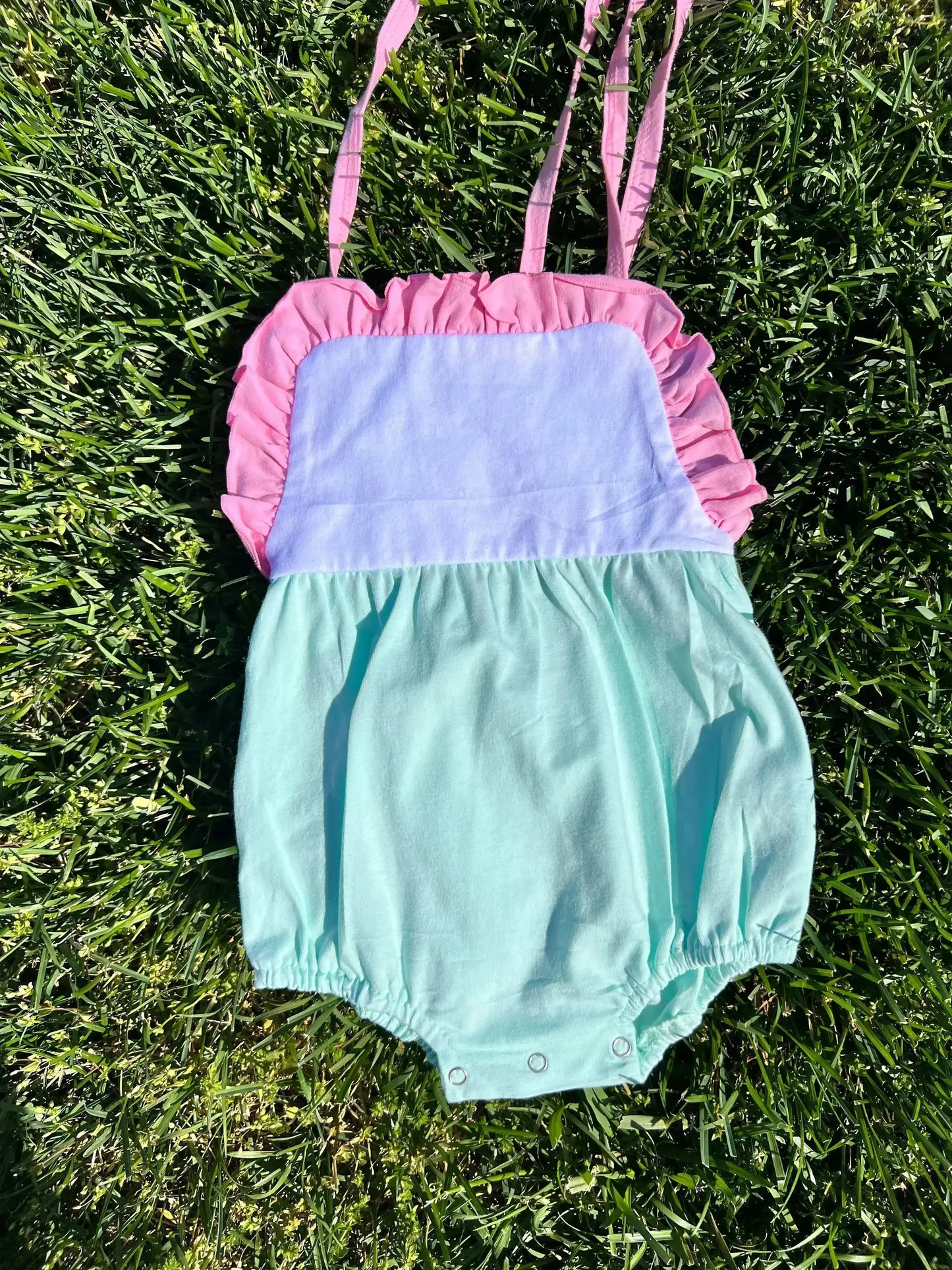 ( Moq 5 ) Preorder Baby Girls Infant Pink Straps Green Bubble Summer Romper