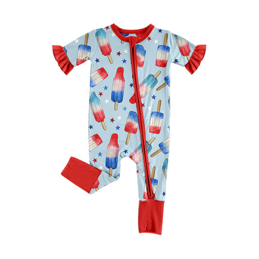 ( Moq 5 ) Preorder Baby Girls Kids Short Sleeves Popsicles Stars 4th of July Zipper Romper