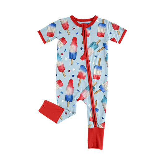 ( Moq 5 ) Preorder Baby Boys Kids Short Sleeves Popsicles Stars 4th of July Zipper Romper
