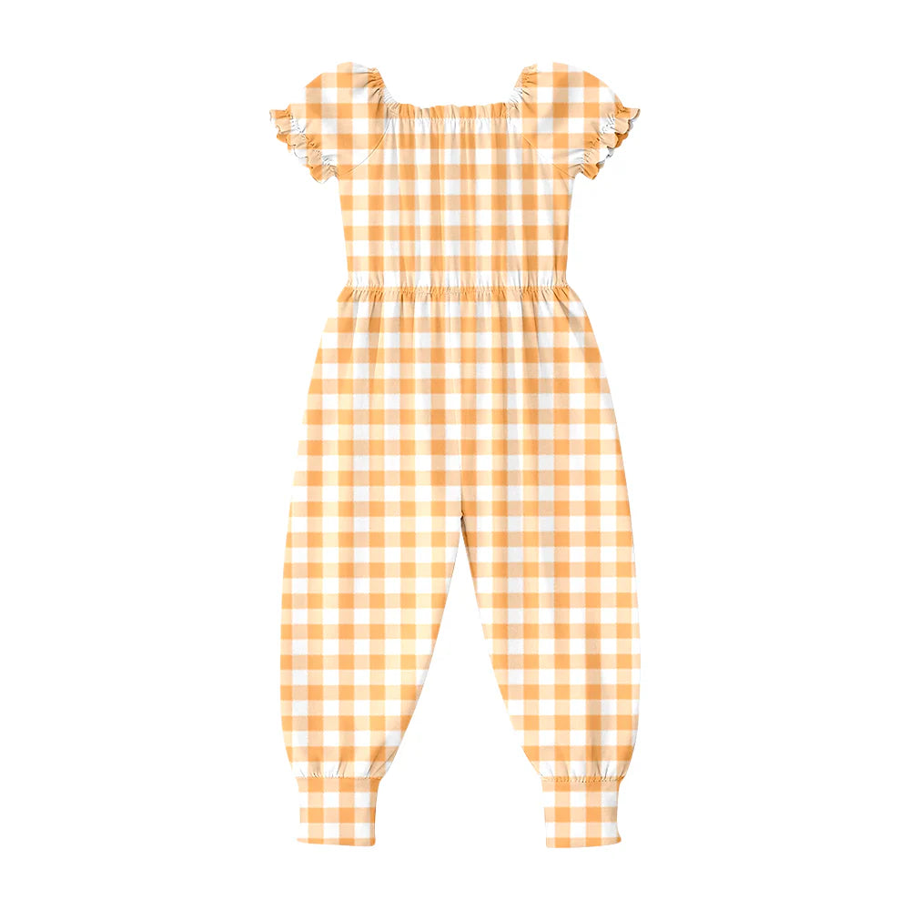 ( Moq 5 ) Preorder Baby Girls Kids Orange Plaid Short Sleeves Pants Jumpsuit
