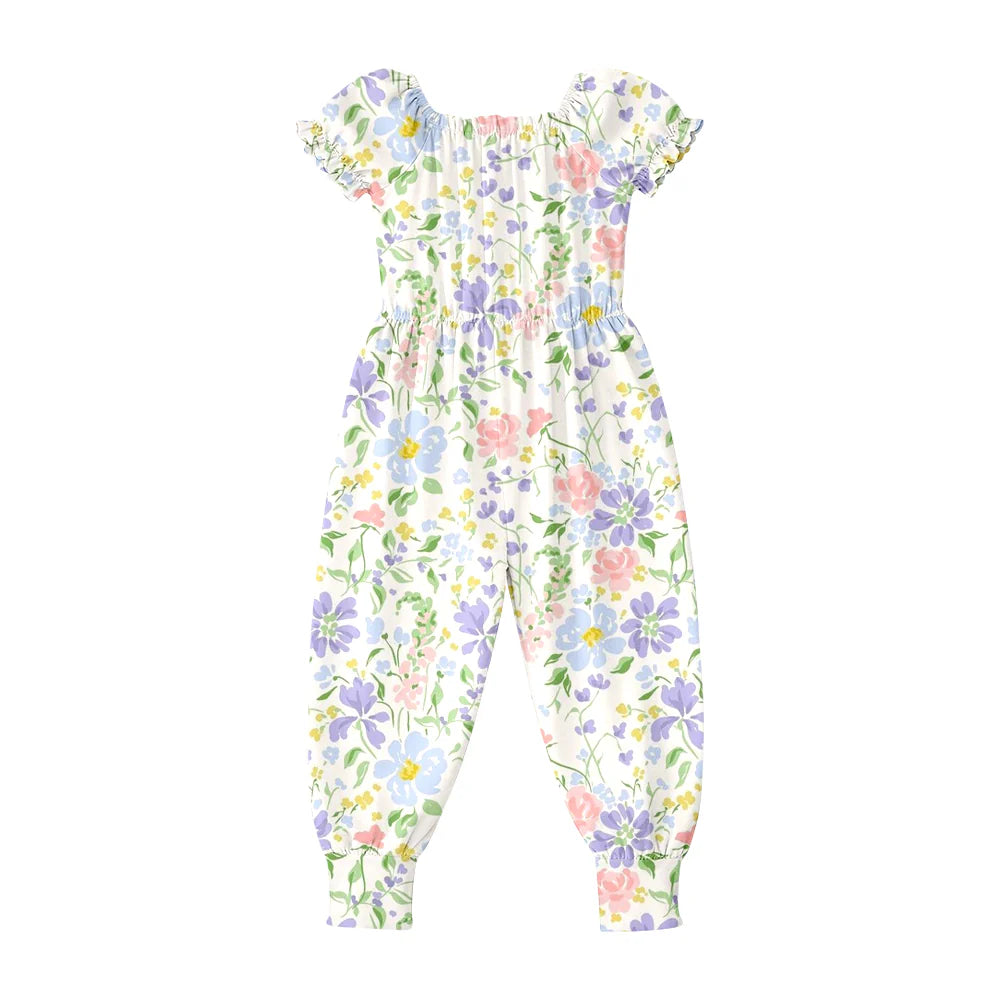 ( Moq 5 ) Preorder Baby Girls Kids Short Sleeves Purple Flower Pants Jumpsuit