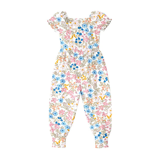 ( Moq 5 ) Preorder Baby Girls Kids Short Sleeves Pink Blue Flower Pants Jumpsuit