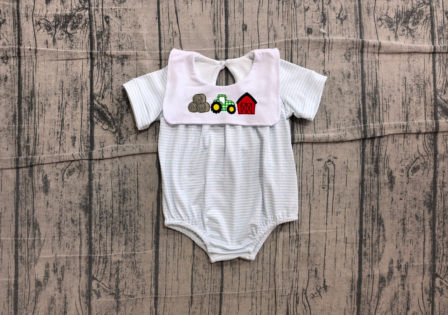 ( No moq ) Preorder Baby Boys Kids Short Sleeves Embroidery Tractor Farm Blue Stripes Bubble Romper