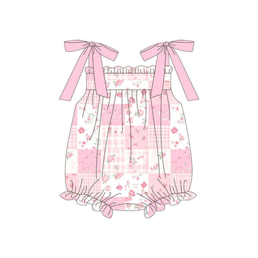 ( Moq 5 ) Preorder Baby Girls Infant Straps Flower Plaid Pink Bubble Romper