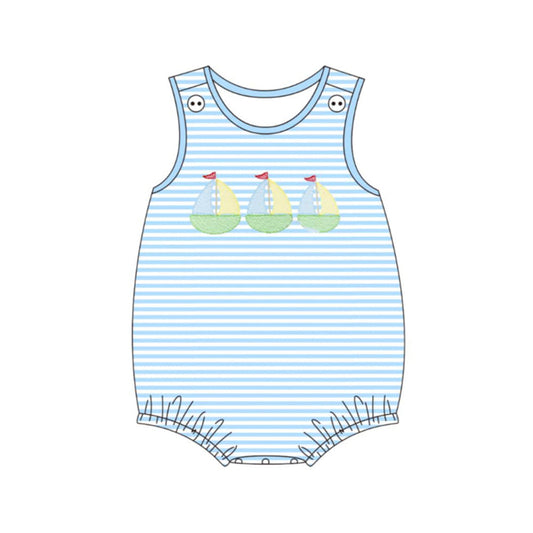 ( Moq 5 ) Preorder Baby Boys Infant Sleeveless Boats Blue Stripes Bubble Romper