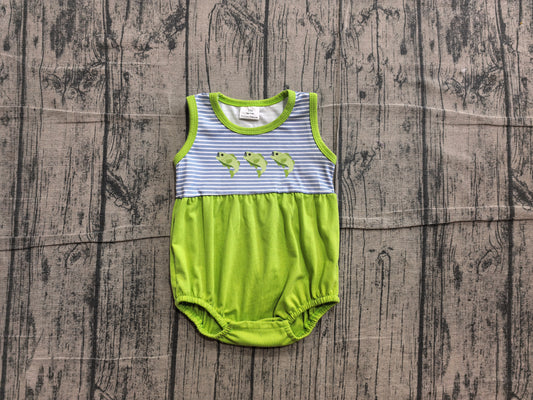( No moq ) Preorder Baby Boys Infant Embroidery Fish Stripes Green Bubble Romper Clothes