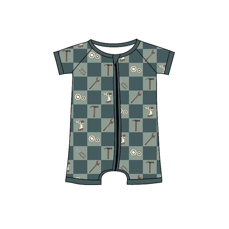 ( Moq 5 ) Preorder Baby Boy Infant Short Sleeves Green Plaid Tools Zipper Romper Clothes