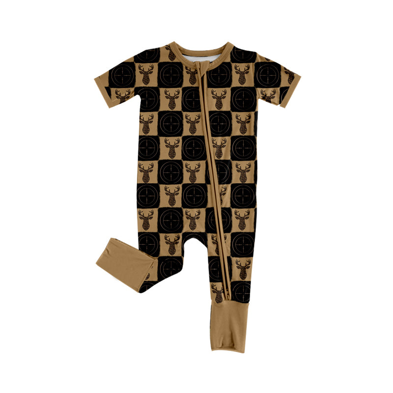 ( Moq 5 ) Preorder Baby Boys Infant Short Sleeves Deer Plaid Zipper Sleeper Footie Romper