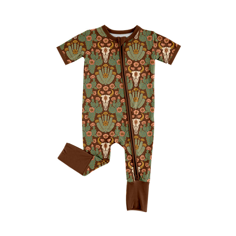 ( Moq 5 ) Preorder Baby Girls Infant Western Cow Cactus Flower Zipper Sleeper Footie Romper