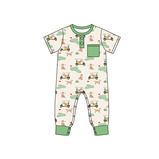 ( Moq 5 ) Preorder Baby Boys Infant Short Sleeves Dogs Golf Buttons Pocket Romper
