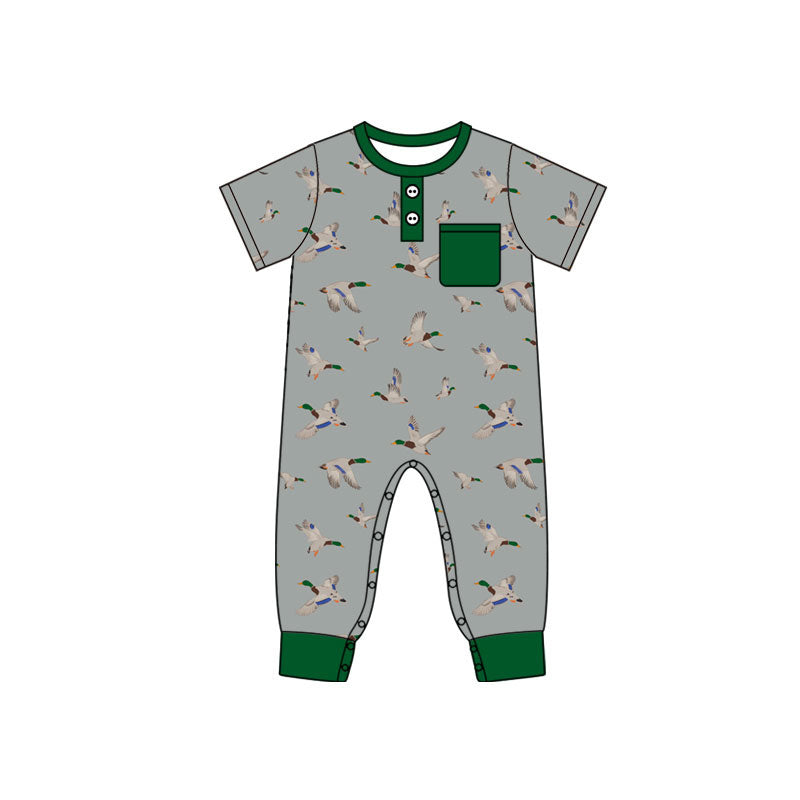 ( Moq 5 ) Preorder Baby Boys Infant Short Sleeves Ducks Buttons Green Pocket Romper
