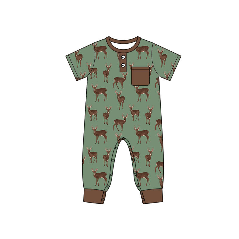 ( Moq 5 ) Preorder Baby Boys Infant Short Sleeves Deer Buttons Pocket Green Romper