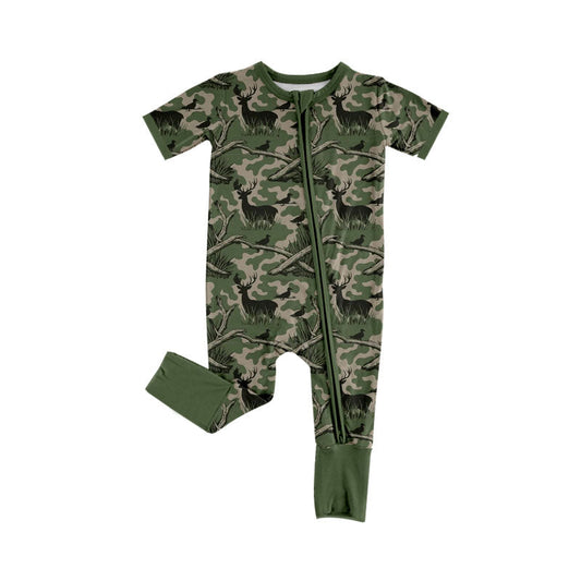 ( Moq 5 ) Preorder Baby Boys Infant Green Camo Deer Two-way Zipper Footie Hunting Romper