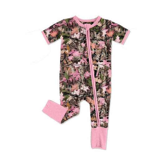 ( Moq 5 ) Preorder Baby Girls Kids Short Sleeves Leaves Two-way Zipper Pink Footie Sleeper Romper