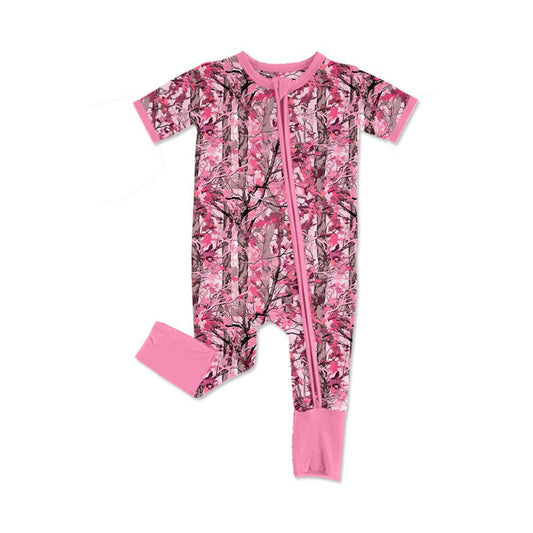 ( Moq 5 ) Preorder Baby Girls Kids Short Sleeves Leaves Two-way Zipper Footie Sleeper Pink Romper