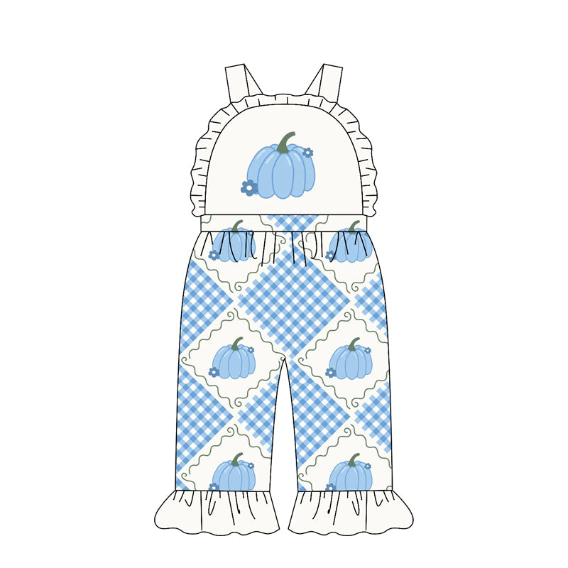 ( Moq 5 ) Preorder Baby Girl Kids Sleeveless Blue Pumpkins Flower Ruffle Pants Jumpsuit Clothes