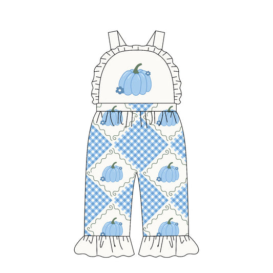 ( Moq 5 ) Preorder Baby Girl Kids Sleeveless Blue Pumpkins Flower Ruffle Pants Jumpsuit Clothes