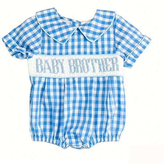 ( Moq 5 ) Preorder Baby Boys Infant Short Sleeves Baby Brother Blue Plaid Bubble Romper Clothes