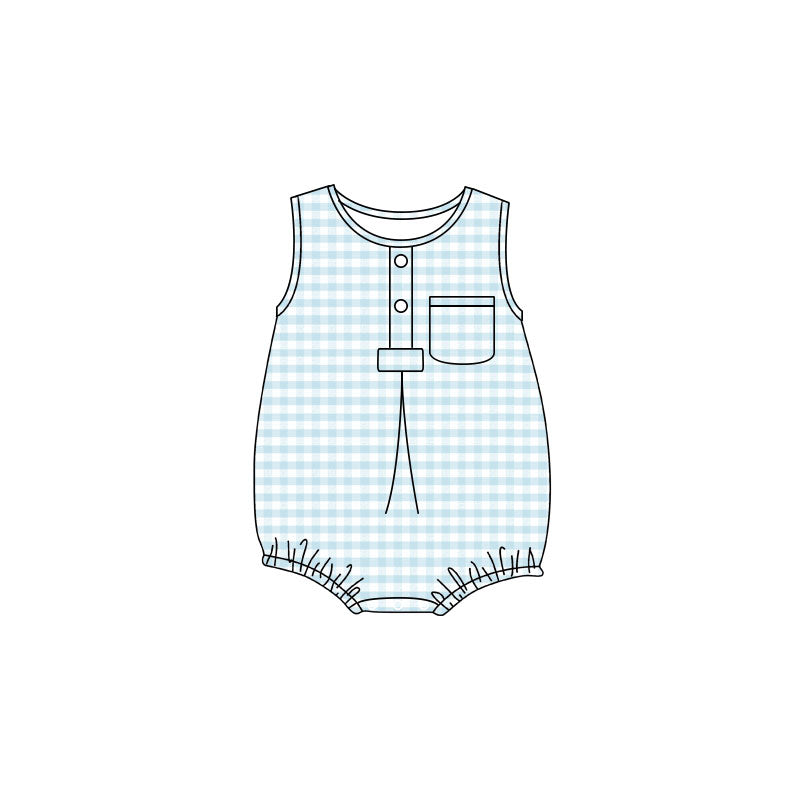 ( Moq 5 ) Preorder Baby Boy Infant Sleeveless Light Blue Plaid Pocket Summer Bubble Romper