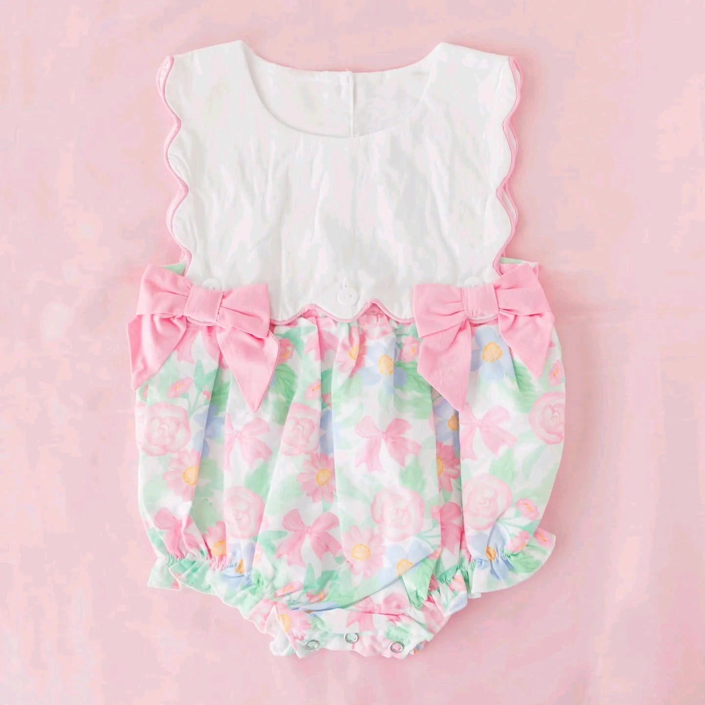 ( Moq 5 ) Preorder Baby Girls Infant Sleeveless Flower Bows Scallop Bubble Romper
