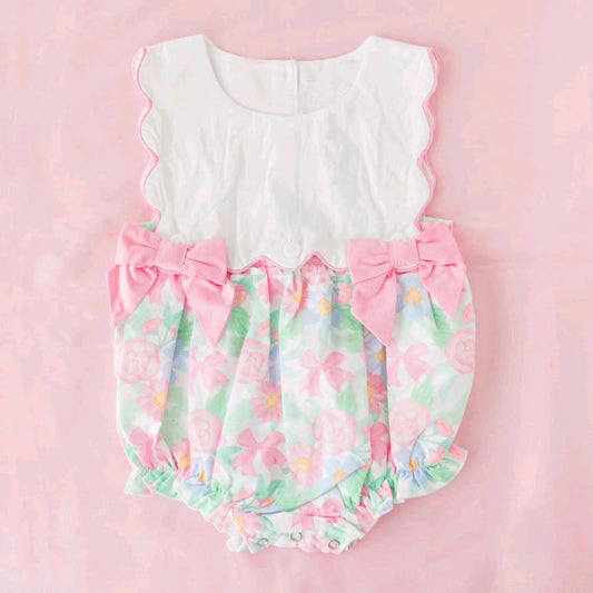 ( Moq 5 ) Preorder Baby Girls Infant Sleeveless Flower Bows Scallop Bubble Romper