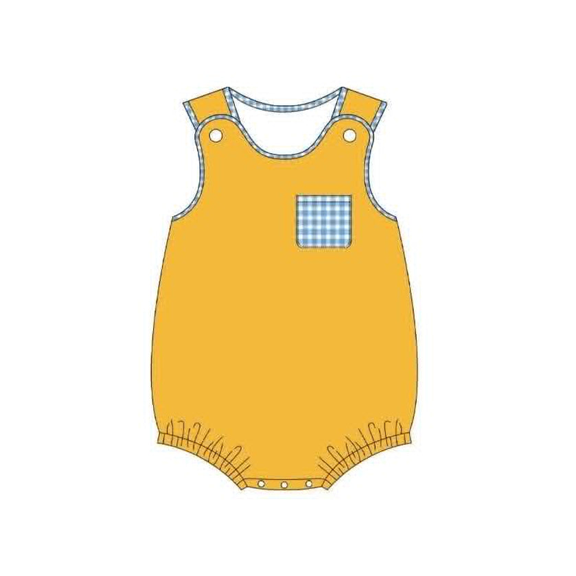 ( Moq 5 ) Preorder Baby Boys Infant Short Sleeves Plaid Pocket Romper Yellow Clothes
