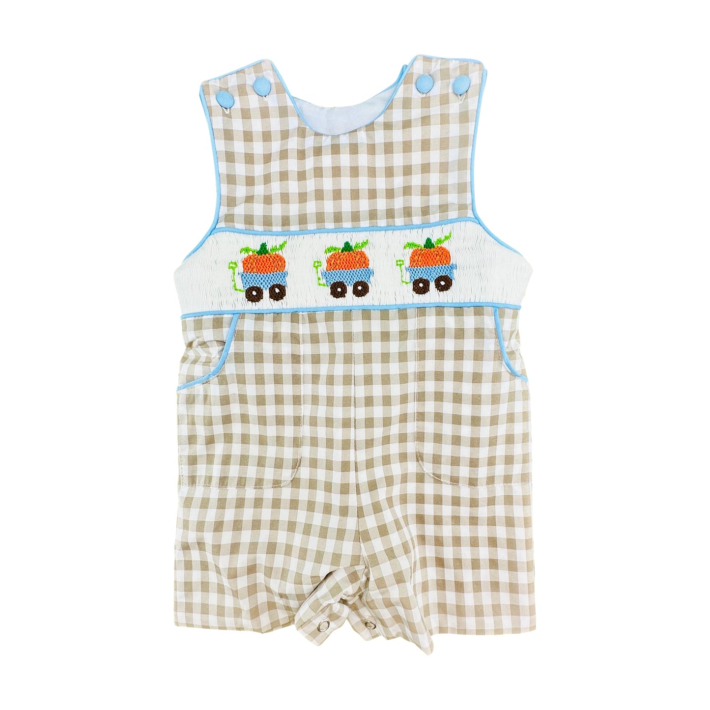 ( No moq ) Preorder Baby Boys Infant Pumpkins Trucks Plaid Pockets Fall Romper Clothes