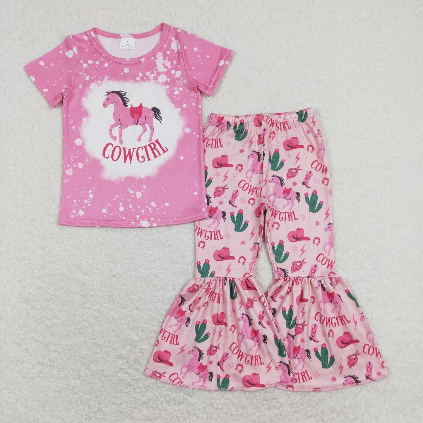 GSPO1238 Baby Girl Short Sleeves Western Cowgirl Horse Shirt Cactus Bell Pants Pink Set
