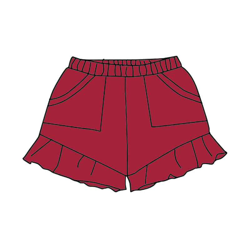 Preorder Baby Girl Dark Red Pockets Cotton Ruffle Shorts Bottoms ( Moq 5 )