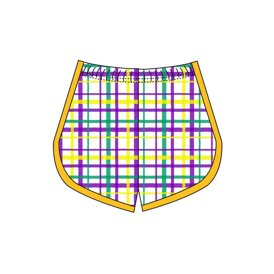 ( Moq 5 ) Preorder Girls Kids Plaid Mardi Gras Yoga Active Shorts Bottoms