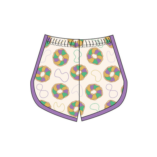 ( Moq 5 ) Preorder Girls Kids Donuts Mardi Gras Yoga Active Shorts Bottoms