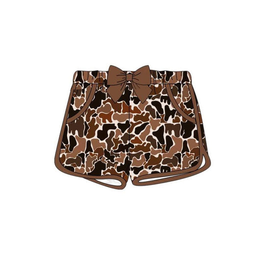 ( Moq 5 ) Preorder Baby Girls Brown Bow Camo Pockets Shorts Bottoms
