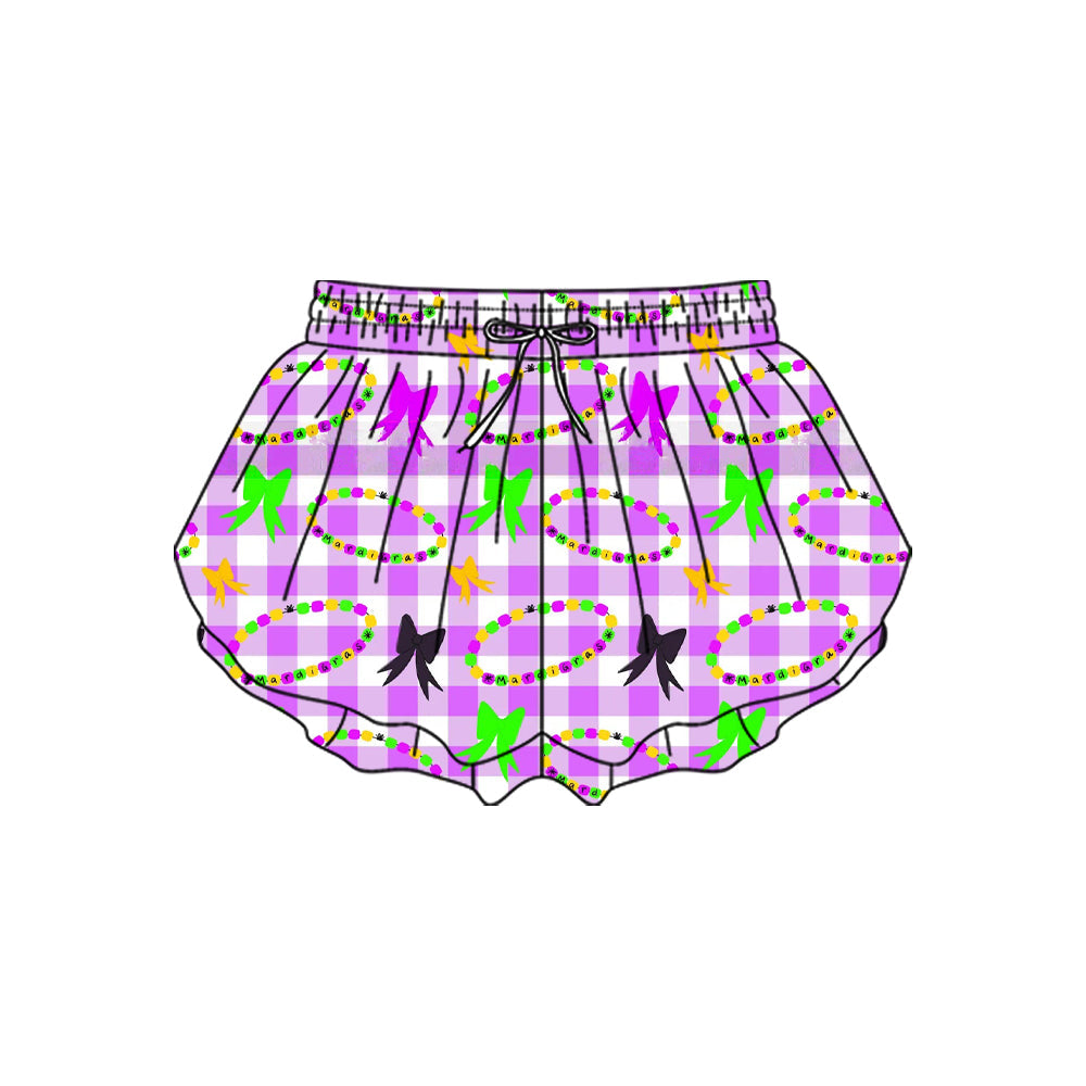 ( Moq 5 ) Baby Girls Mardi Gras Bows Plaid Yoga Active Ruffle Shorts Bottom