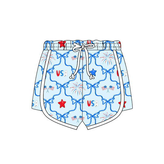 ( Moq 5 ) Preorder Baby Girls Kids Flags Bows 4th of July Blue Shorts Bottoms