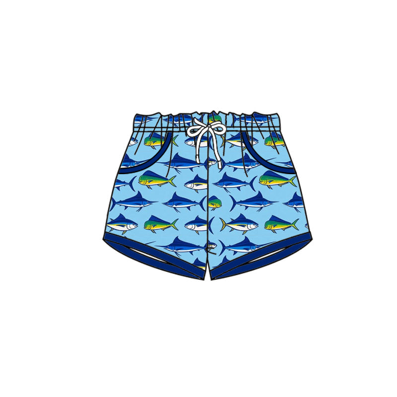 ( Moq 5 ) Preorder Boys Kids Toddler Fish Pockets Swim Trunks Shorts Blue Swimwear