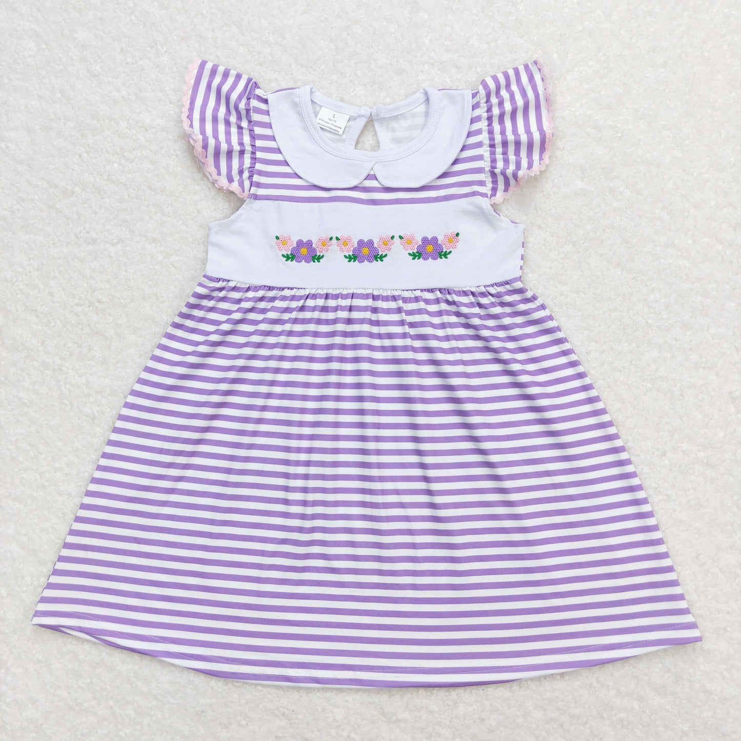 Baby Girl Short Sleeves Embroidery Flower Purple Stripes Dress