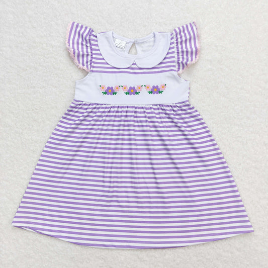 Baby Girl Short Sleeves Embroidery Flower Purple Stripes Dress