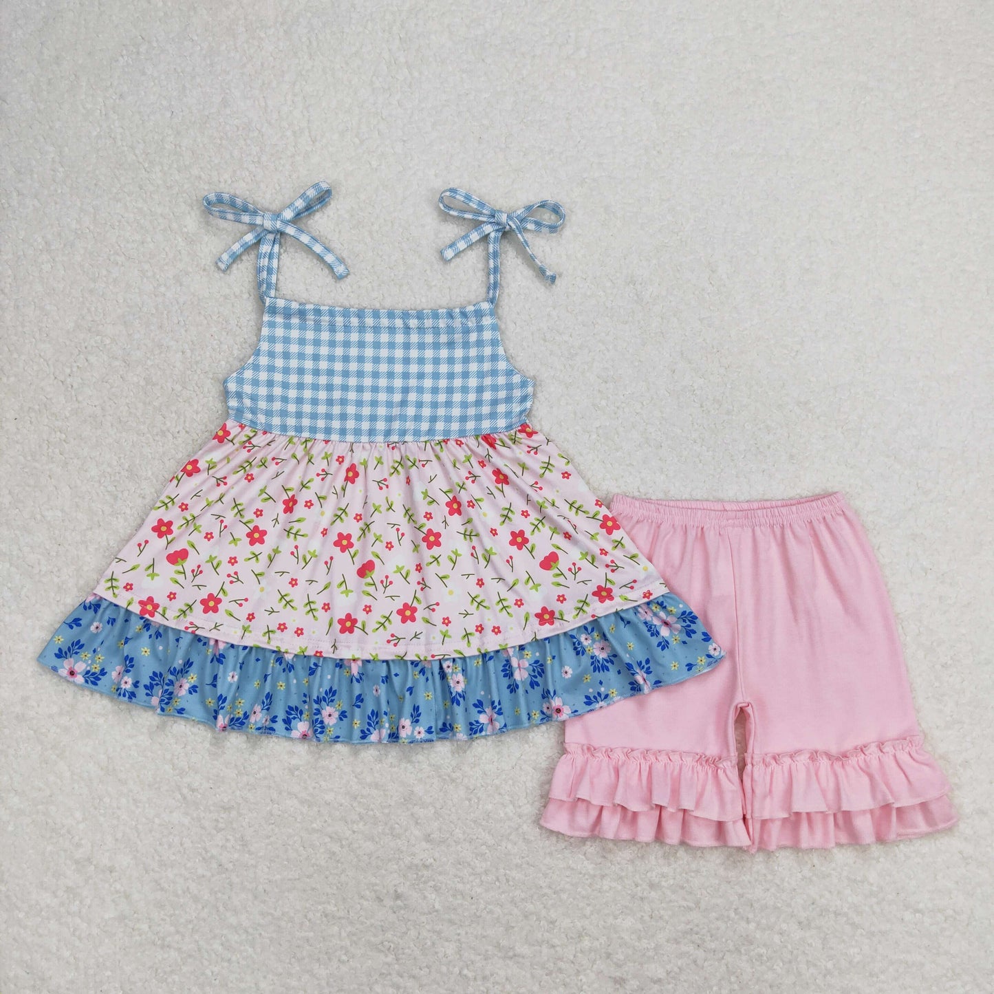 Baby Girl Sleeveless Floral Tops Pink Cotton Shorts Summer Set
