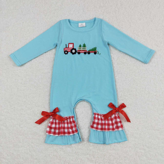 LR0499 Baby Girl Long Sleeves Embroidery Christmas Truck Tree One Piece Romper