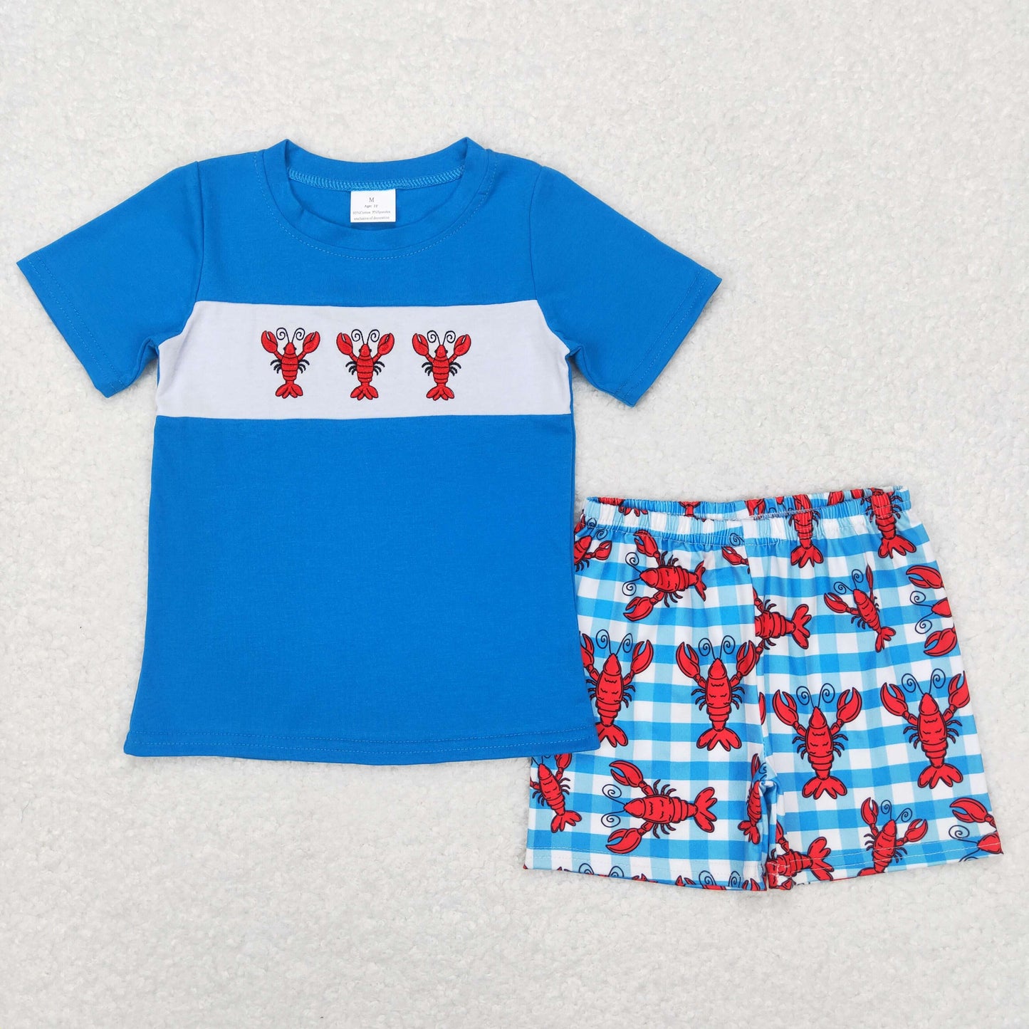 BSSO0280 Baby Boy Short Sleeves Embroidery Crawfish Shirt Plaid Shorts Summer Blue Outfit