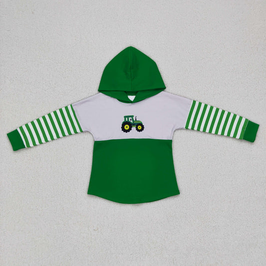BT0371 Baby Boy Stripes Long Sleeves Tractor Hoodie Green Shirt