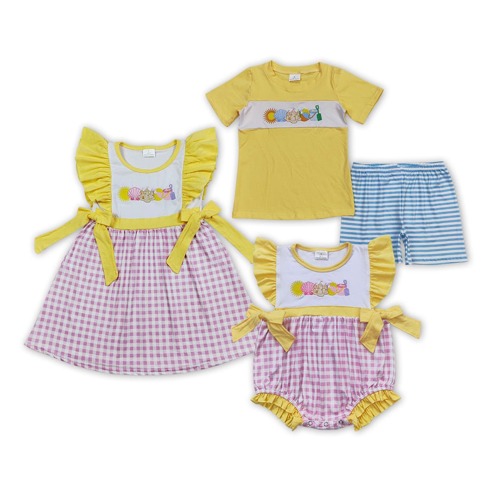 Baby Boy Girl Short Sleeves Embroidery Beach Sibling Dress Romper Clothes Set RTS