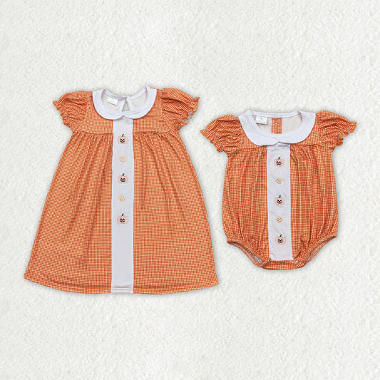 Baby Girl Halloween Embroidery Pumpkin Candy Sibling Romper Dress