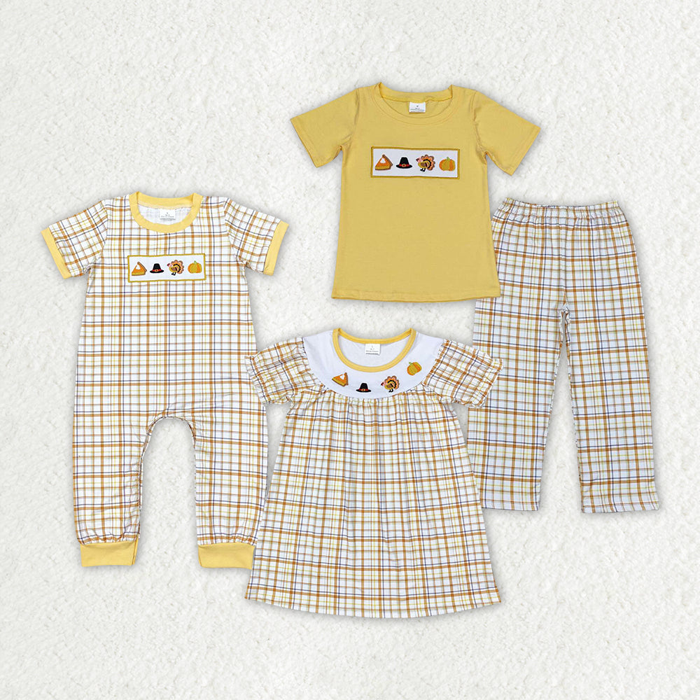 Baby Boy Girl Thanksgiving Embroidery turkey Sibling Romper Dress Set