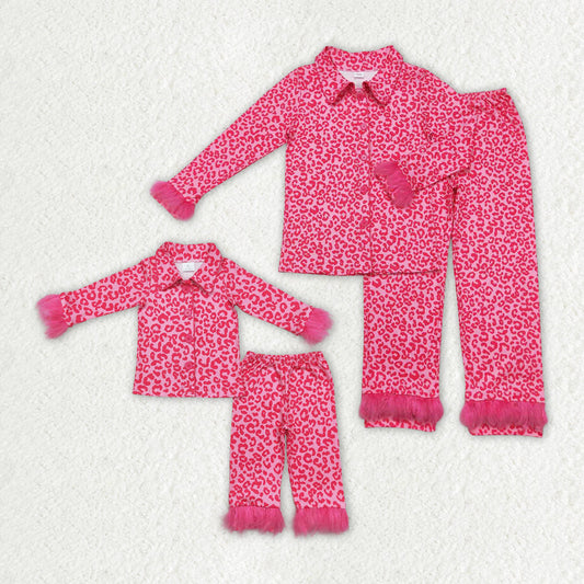 Mommy & Me Pink Leopard Buttons Fur Sibling Pajamas Set