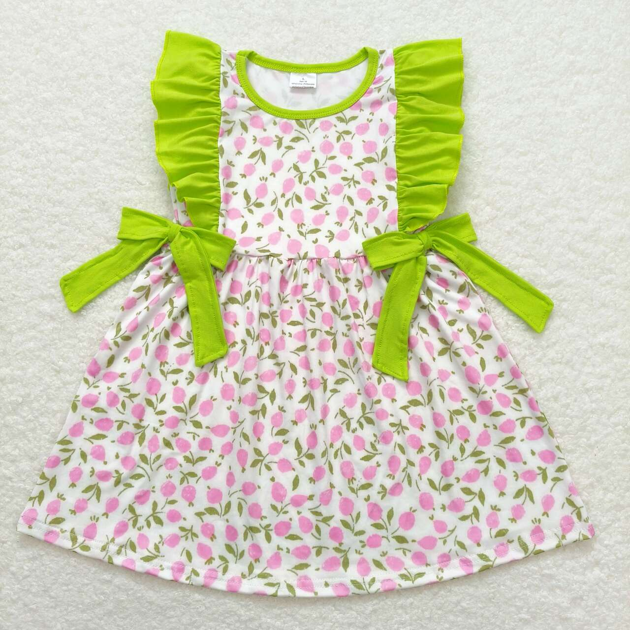 Baby Girl Short Sleeves Pink Floral Summer Green Ruffle Dress