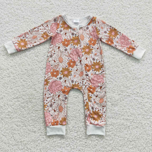 LR0460 Baby Girl Floral Long Sleeves Zipper One Piece Romper